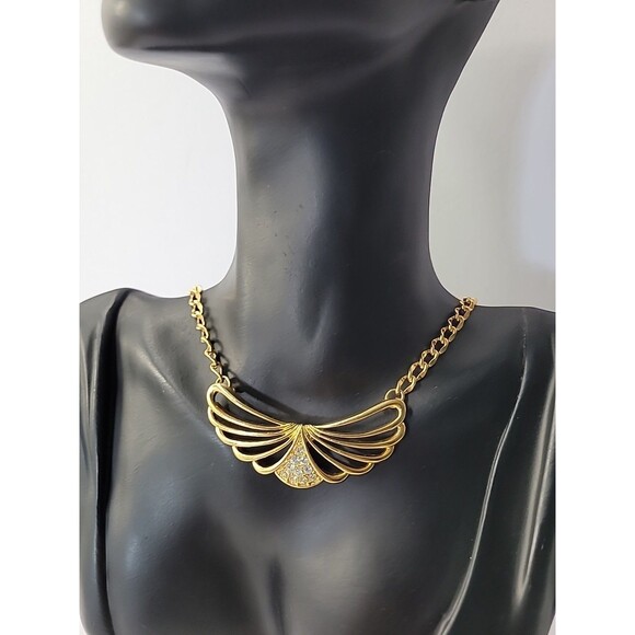 Vintage Necklace Wings Gold Tone White Crystals Chain Jewelry Costume - Picture 6 of 15